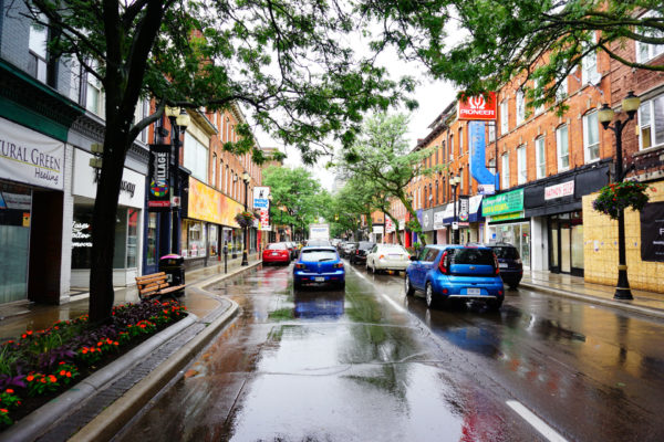 View down King Street on a rainy day.