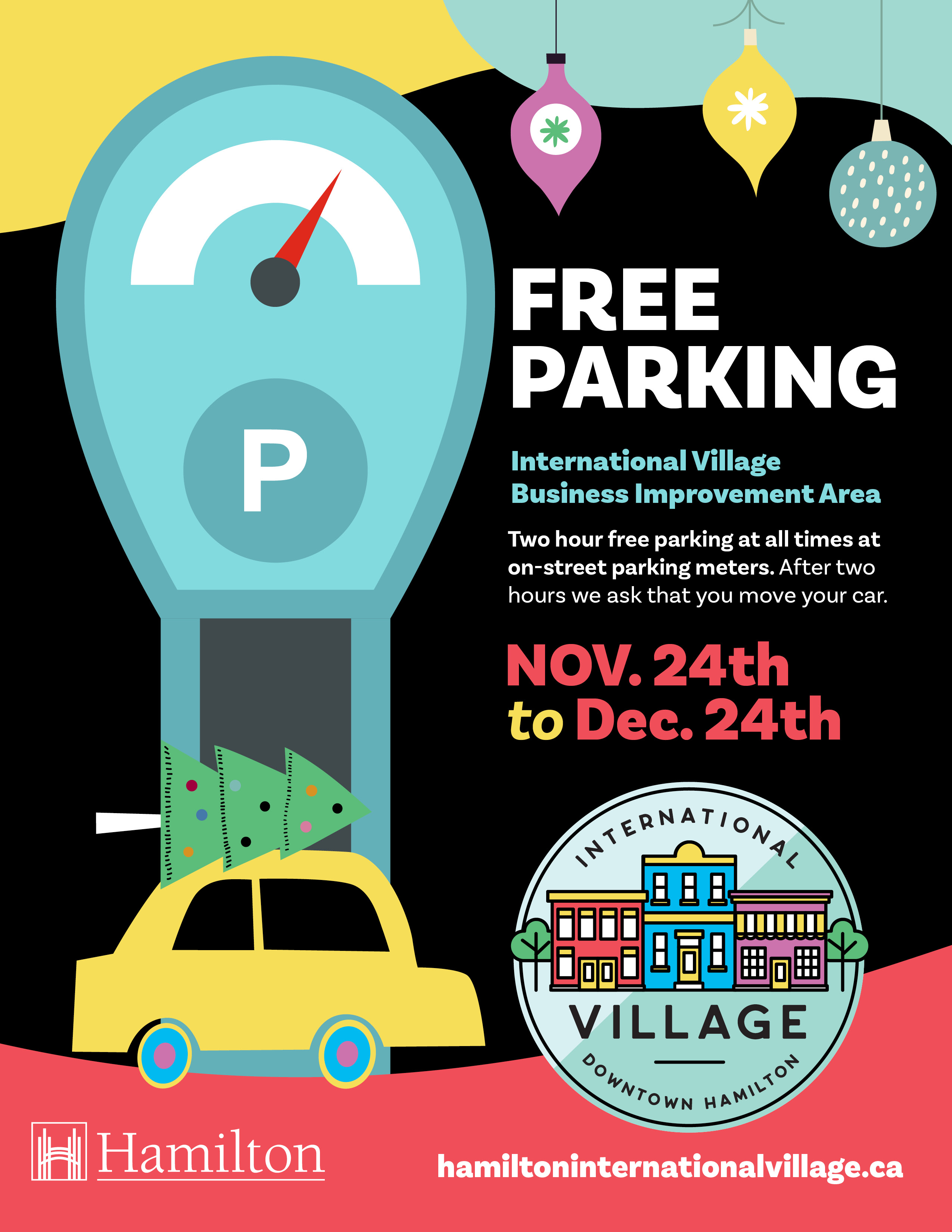 Graphic outlining holiday parking rules in the International Village BIA